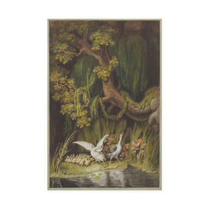 Illustration of geese and foxes in a lush landscape.