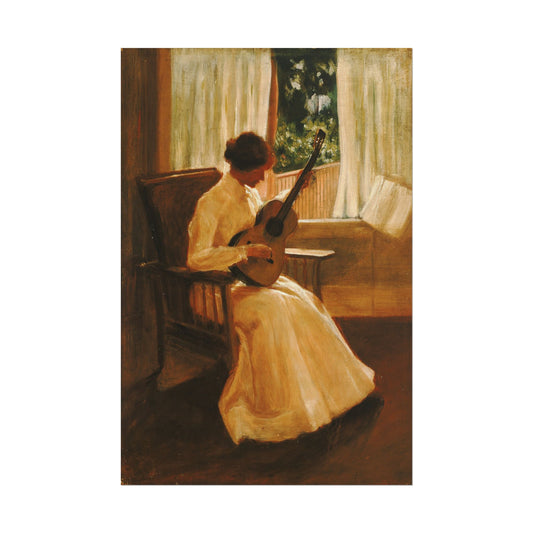 Woman playing guitar in a sunlit room, by Kate Clifton Osgood Holmes.