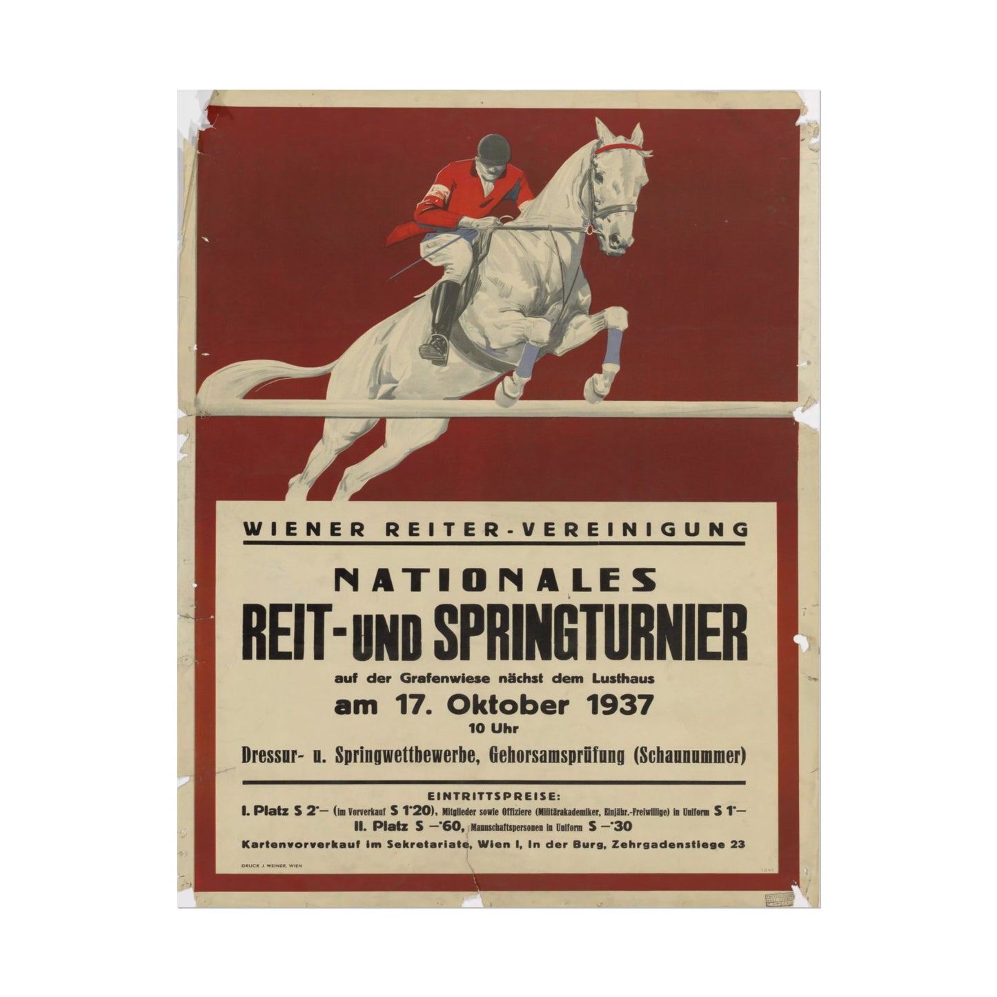 Vintage poster depicting a show jumping horse and rider in action.