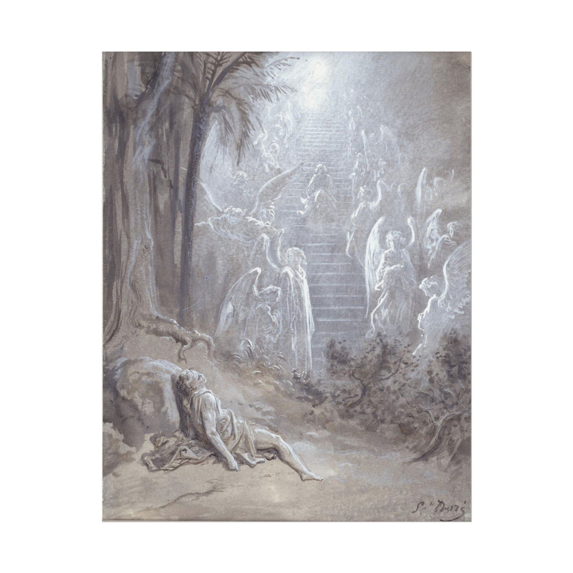 Ethereal depiction of Jacob's dream with angels and trees.