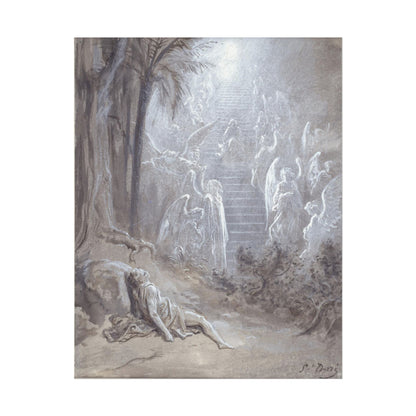 Ethereal depiction of Jacob's dream with angels and trees.