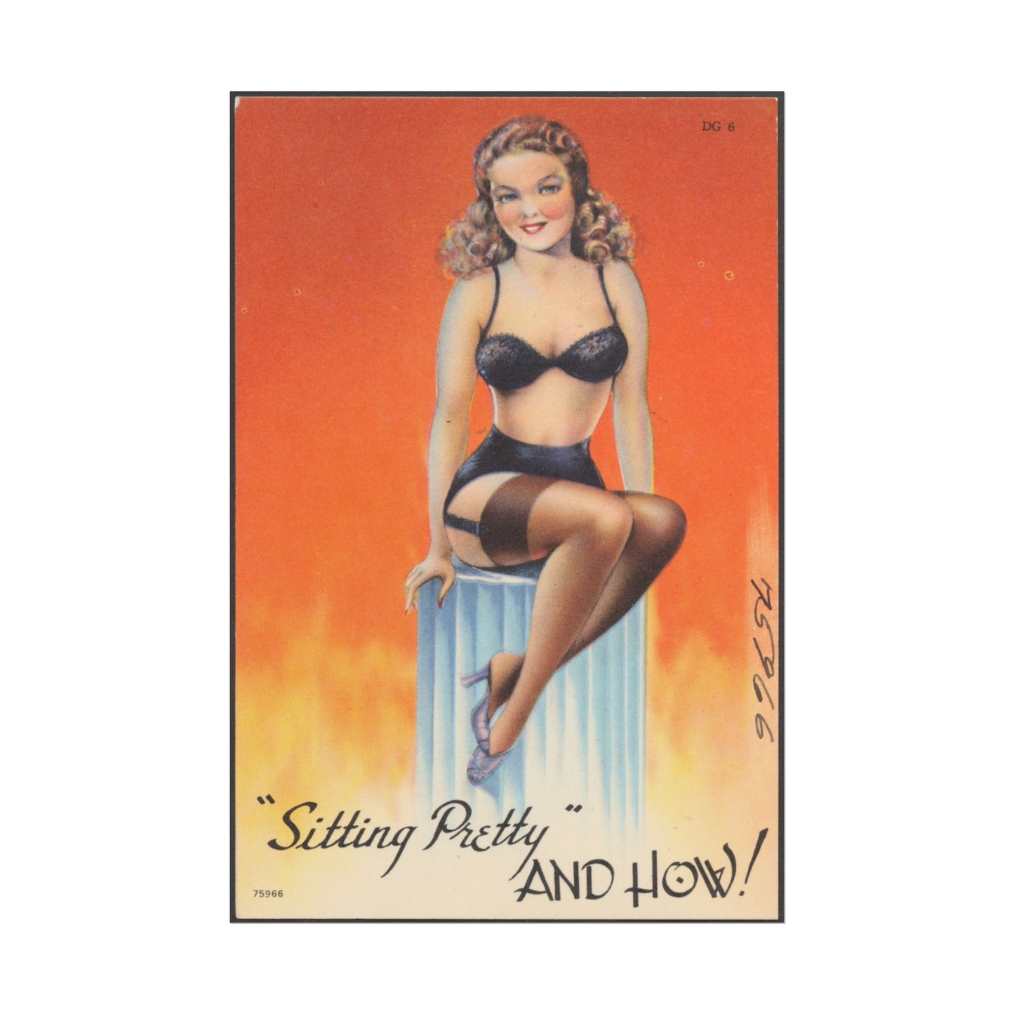 Mid-century pin-up art of a woman smiling in lingerie.