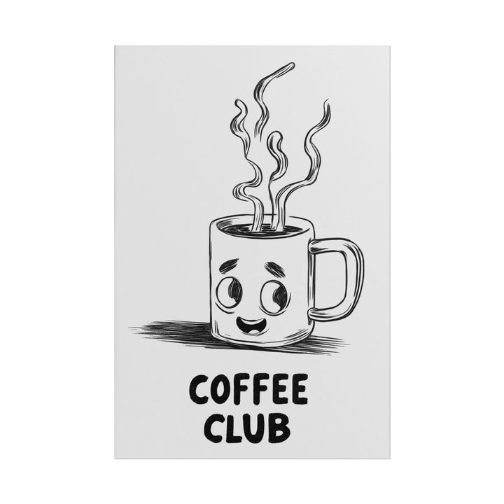 Playful illustration of a smiling coffee mug with steam.