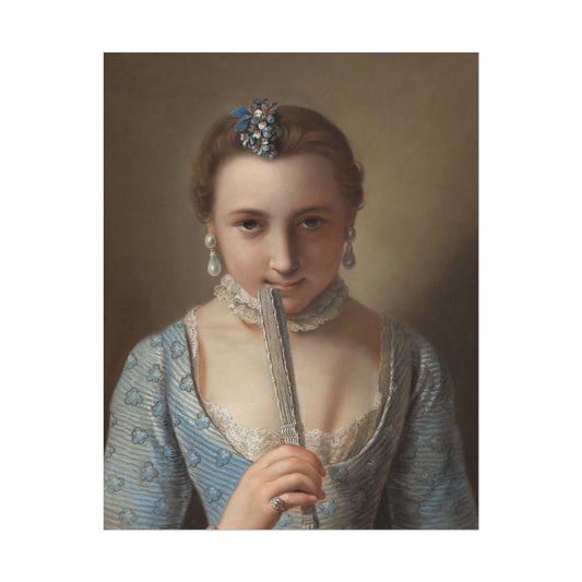 Portrait of a young woman holding a fan, dressed in blue.