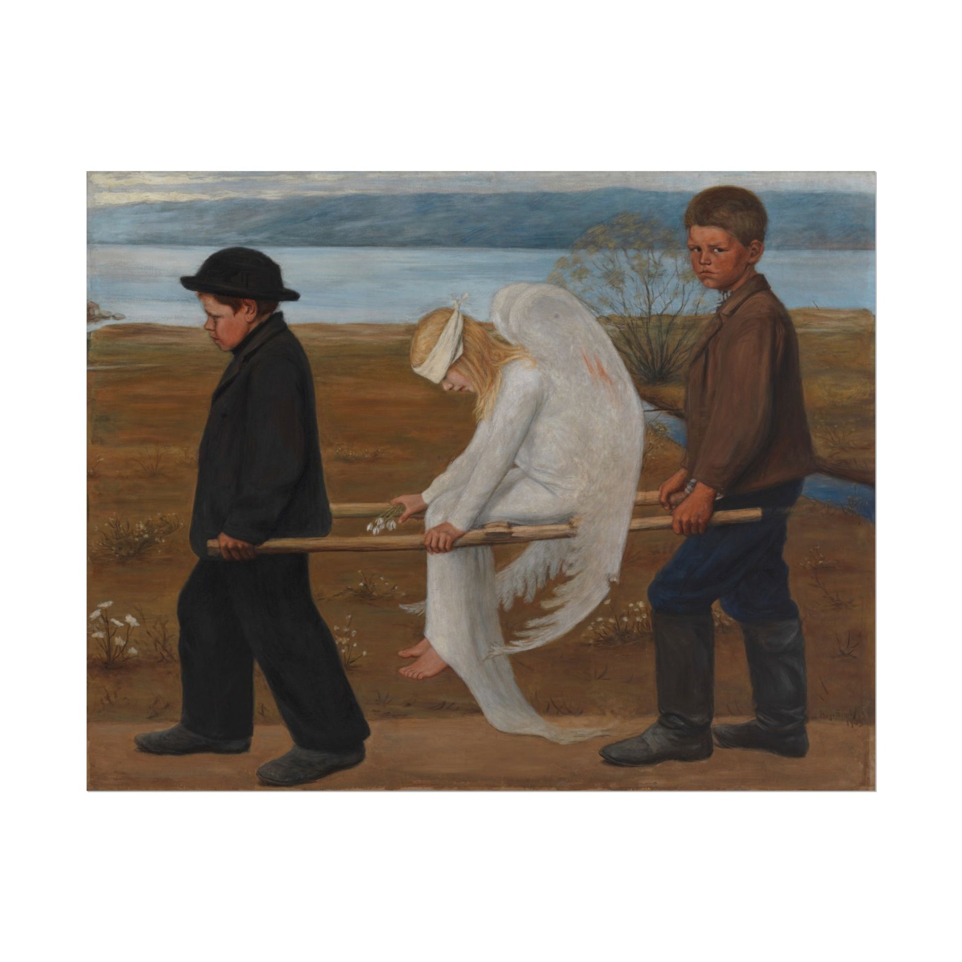 Two boys carrying a wounded angel with delicate wings.
