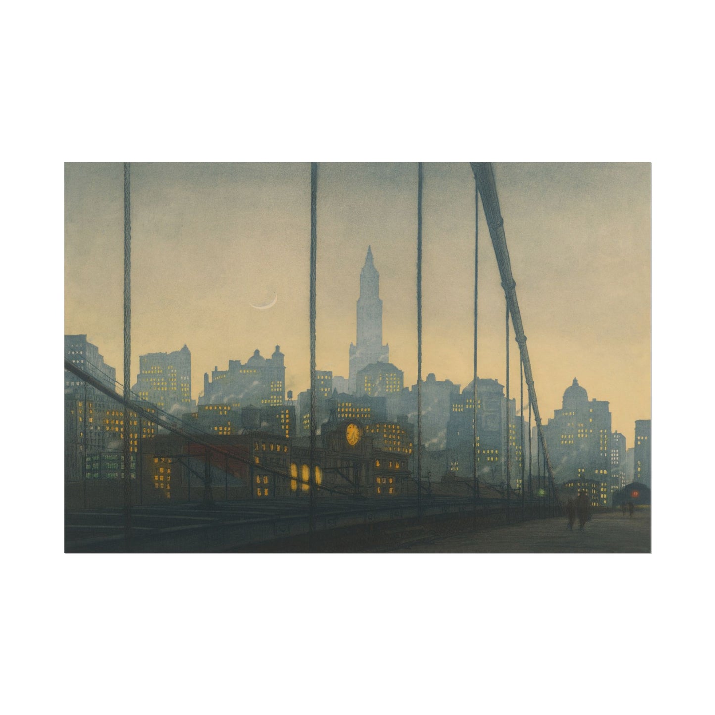 Brooklyn Bridge at twilight with city lights and a crescent moon.