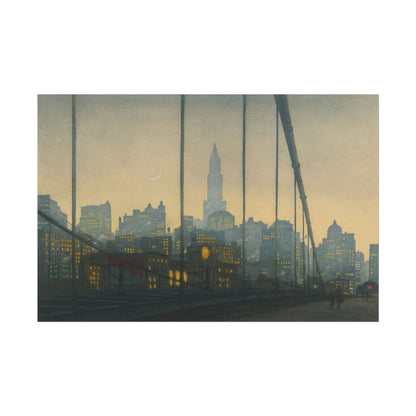 Brooklyn Bridge at twilight with city lights and a crescent moon.