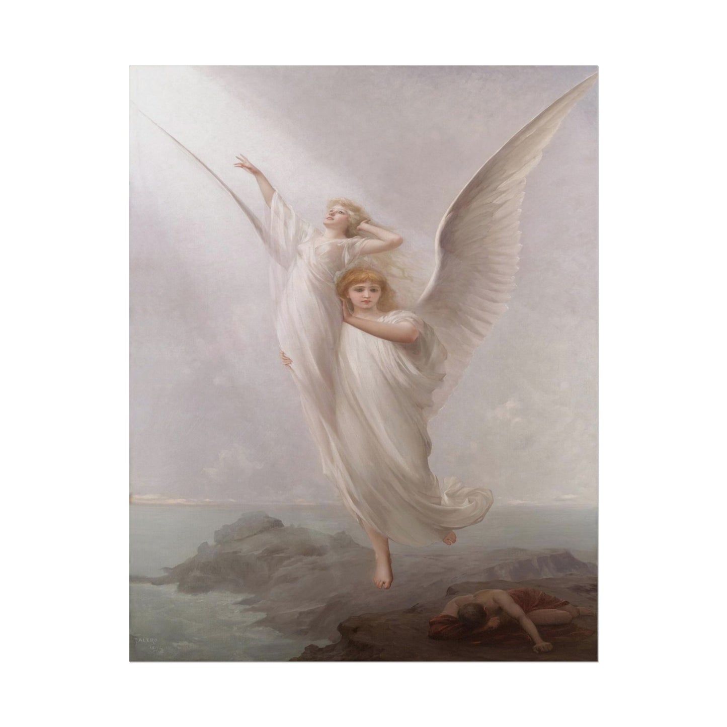 Ethereal scene of two angelic figures in flowing garments