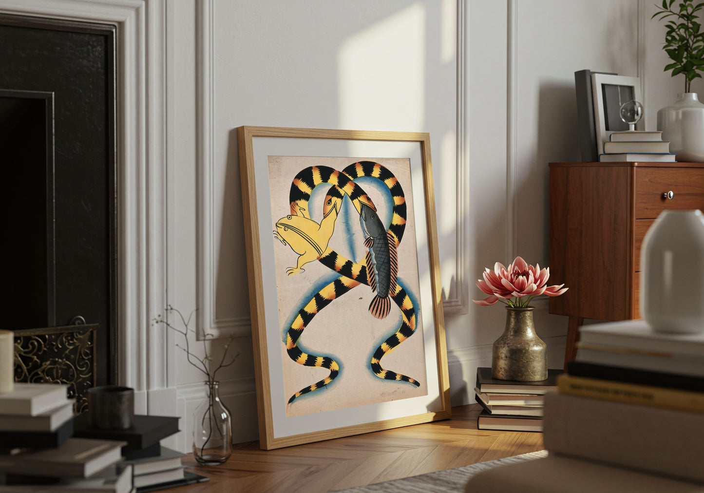 Two Watersnakes Swallowing Fish & Frog