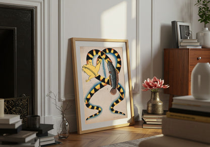 Two Watersnakes Swallowing Fish & Frog