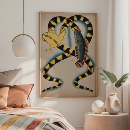 Two Watersnakes Swallowing Fish & Frog