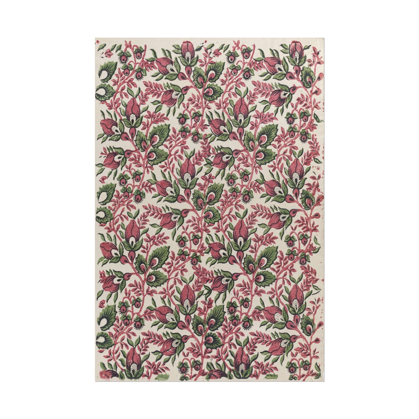 Intricate floral and vine design in pink and green colors.