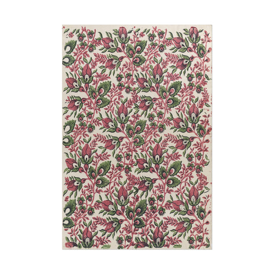 Intricate floral and vine design in pink and green colors.