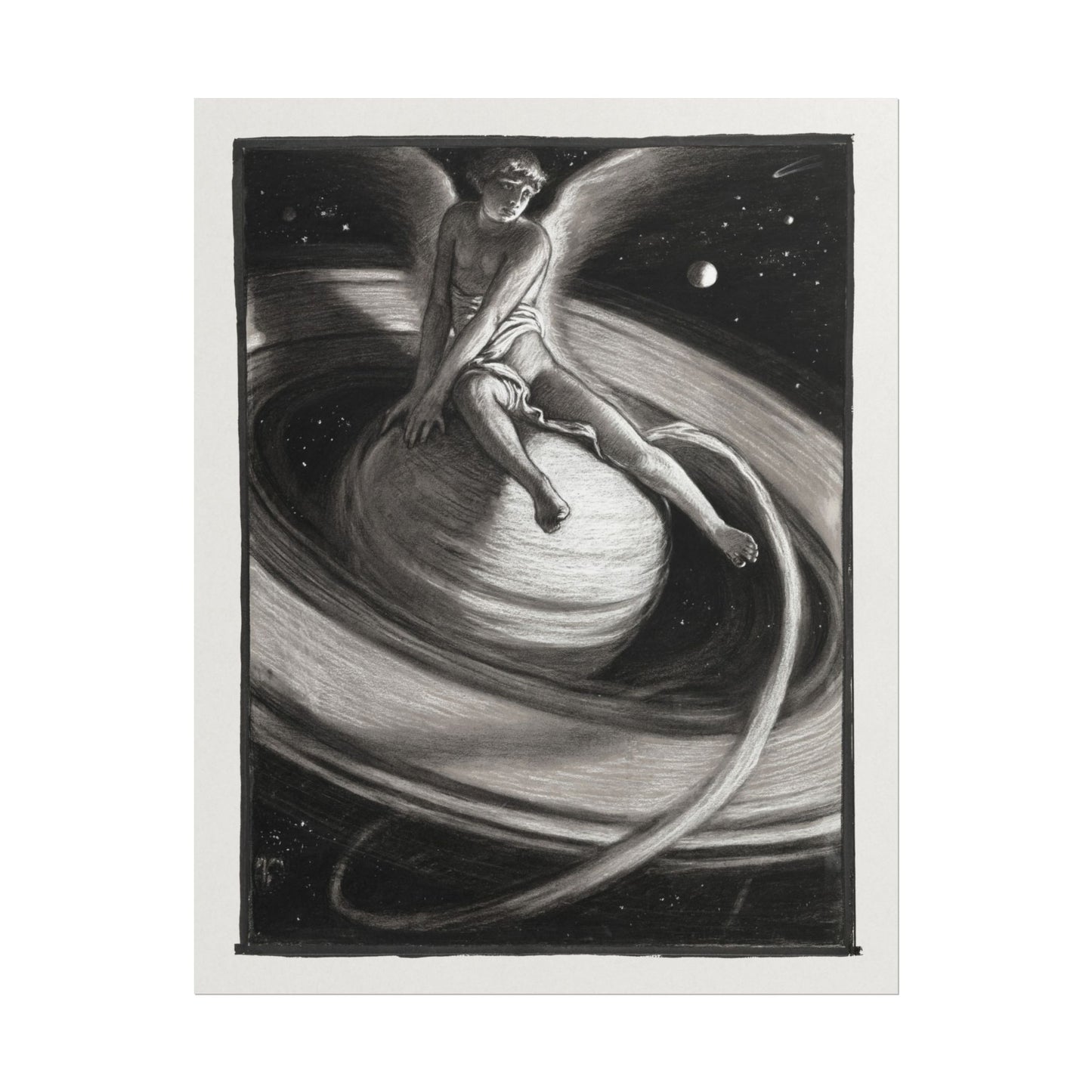 Ethereal figure sits on Saturn, surrounded by stars and cosmic elements.