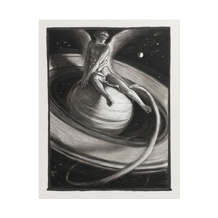 Ethereal figure sits on Saturn, surrounded by stars and cosmic elements.