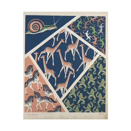 Colorful vintage animal illustration with giraffes, zebras, and frogs.