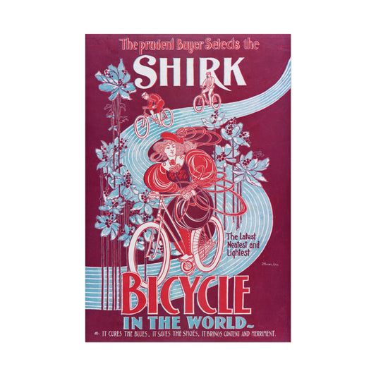 Vintage bicycle advertisement featuring colorful floral motifs and cyclists.
