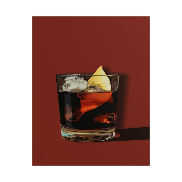 Illustration of a Negroni cocktail with ice and lemon twist