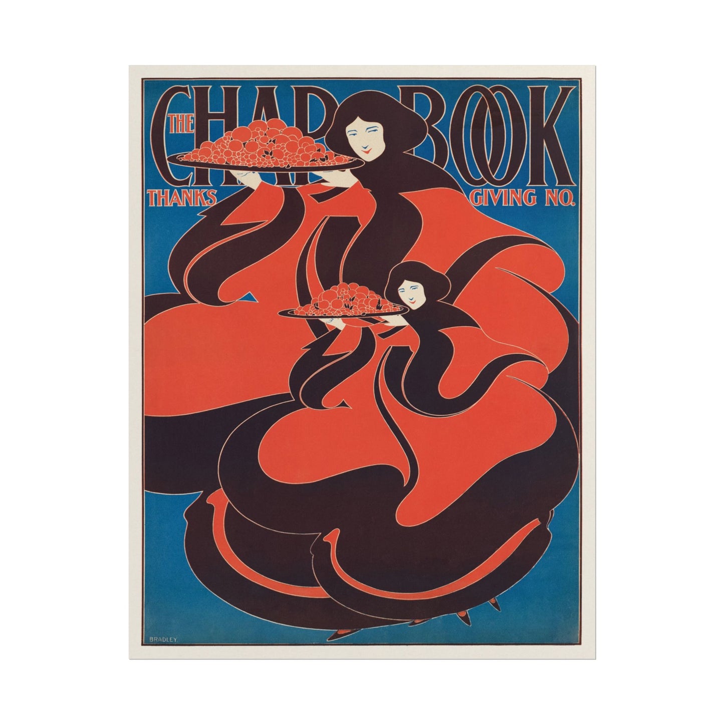 Art Nouveau print featuring two women with floral platters.