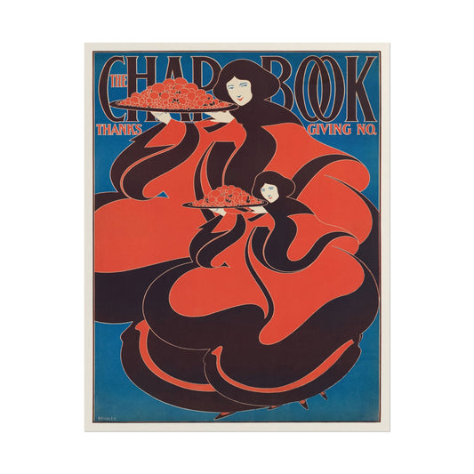 Art Nouveau print featuring two women with floral platters.