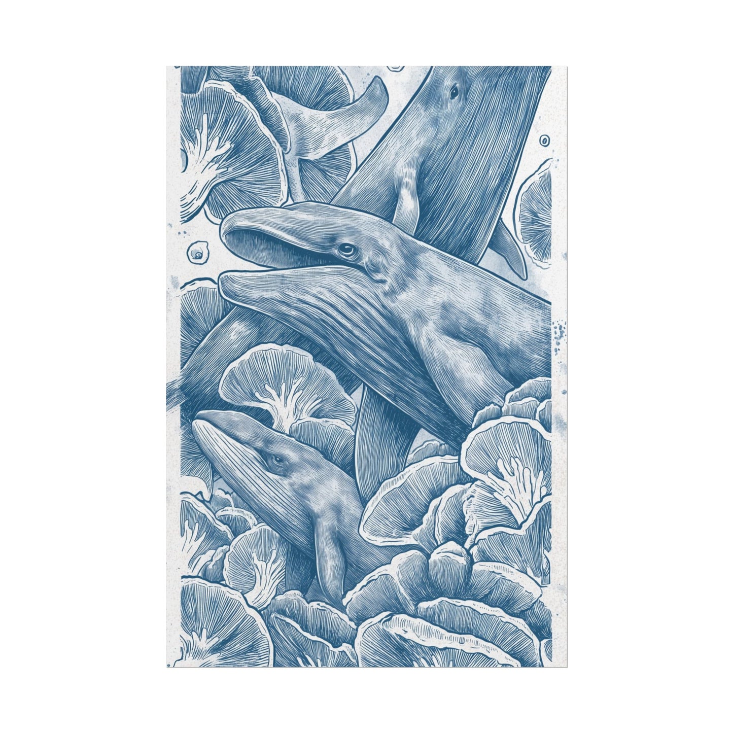 Hand-drawn blue whales swimming through stylized marine flora.