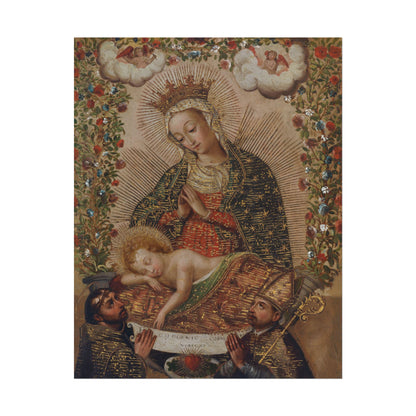 Serene Madonna and Child surrounded by floral elements and devotion.