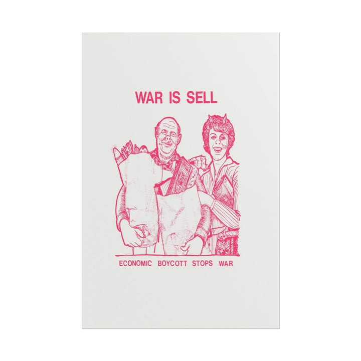 Graphic print featuring two figures with grocery bags and protest text.