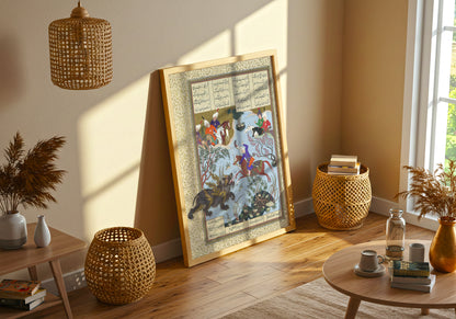 Bahram Gur Slays the Rhino-Wolf poster by Abd al-Aziz - Neutral room decor with framed print