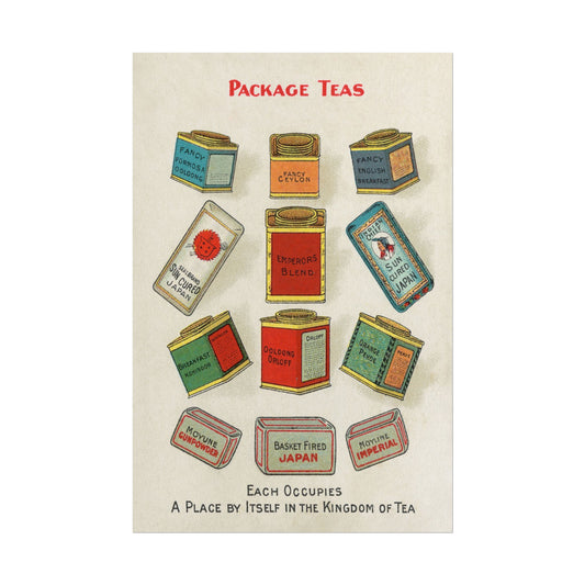 Vintage tea canister illustrations by Chase & Sanborn on cream background.