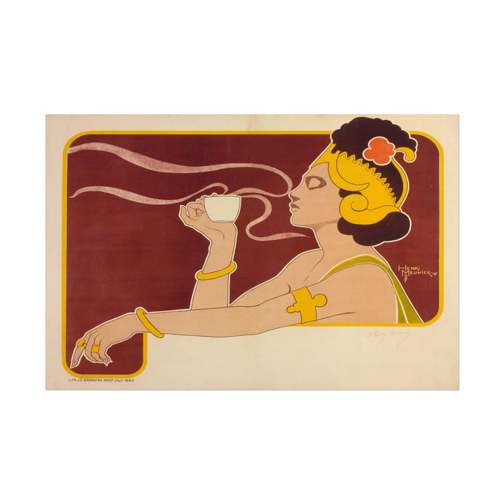 Female figure enjoying tea, surrounded by warm colors and flowing lines.