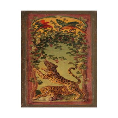 Two leopards reaching for grapes under lush vines.