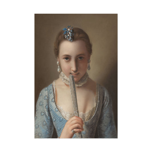 Portrait of a woman holding a fan, wearing a blue dress with lace details.