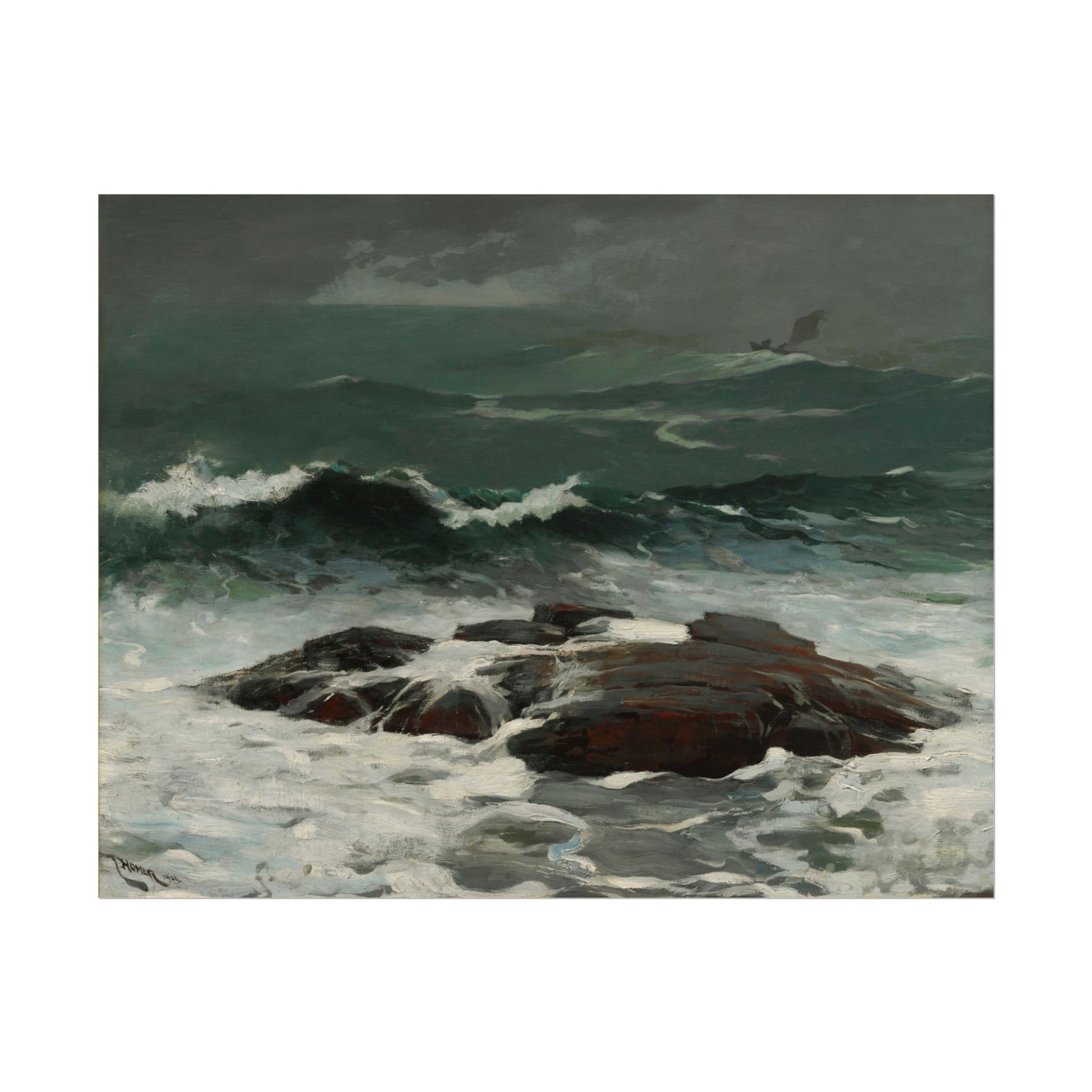 Ocean waves crashing on rocks during a summer squall by Winslow Homer.