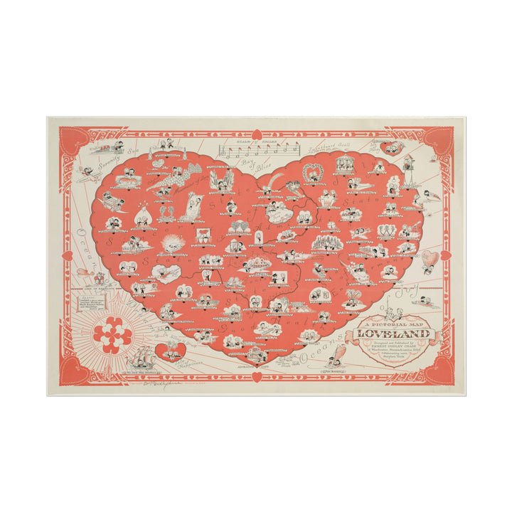 Heart-shaped map featuring playful illustrations of love and romance.