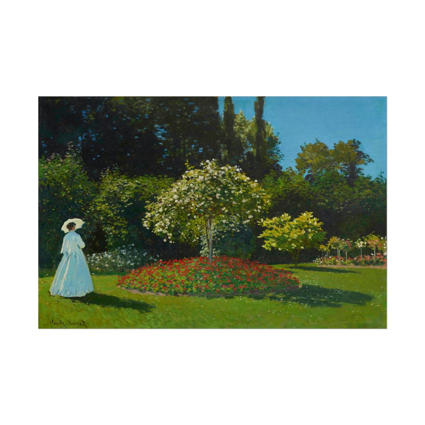 Woman in white dress standing in a vibrant garden scene.
