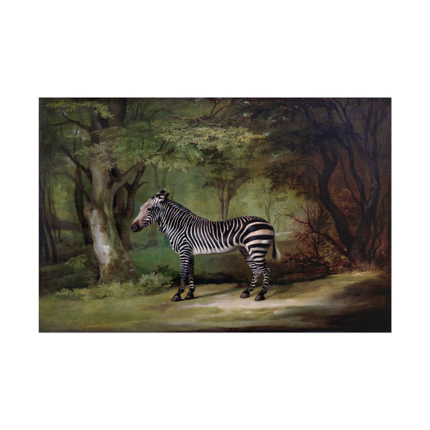 Realistic depiction of a zebra in a lush green landscape.