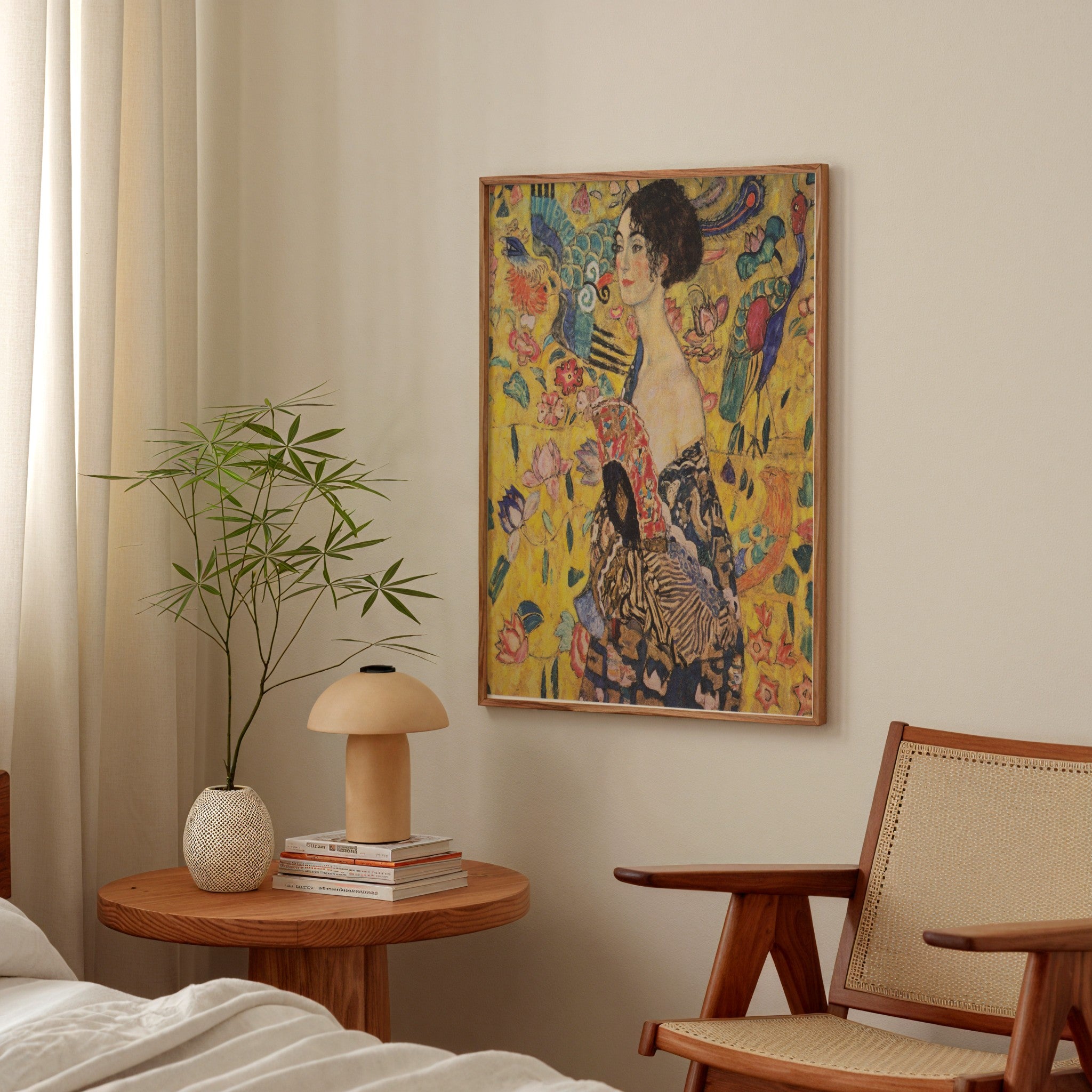 Lady with a Fan by Gustav Klimt art print framed on a wall