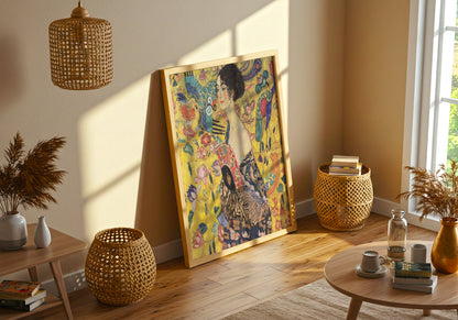 Lady with a Fan poster by Gustav Klimt  - Neutral room decor with framed print