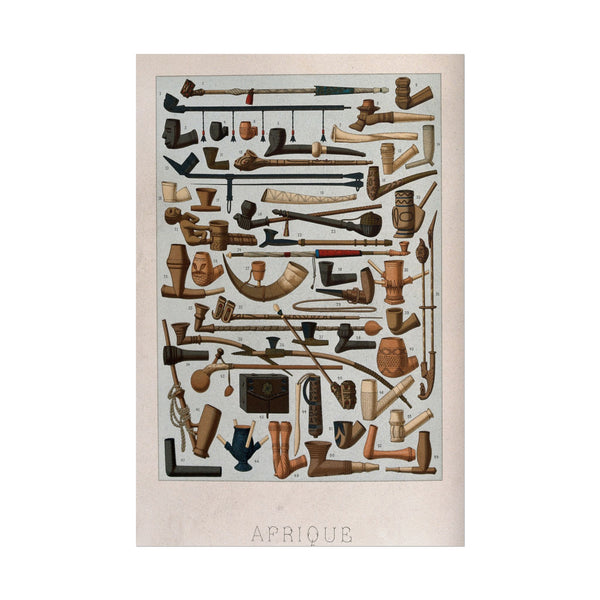 Detailed arrangement of African pipes and ceremonial instruments.