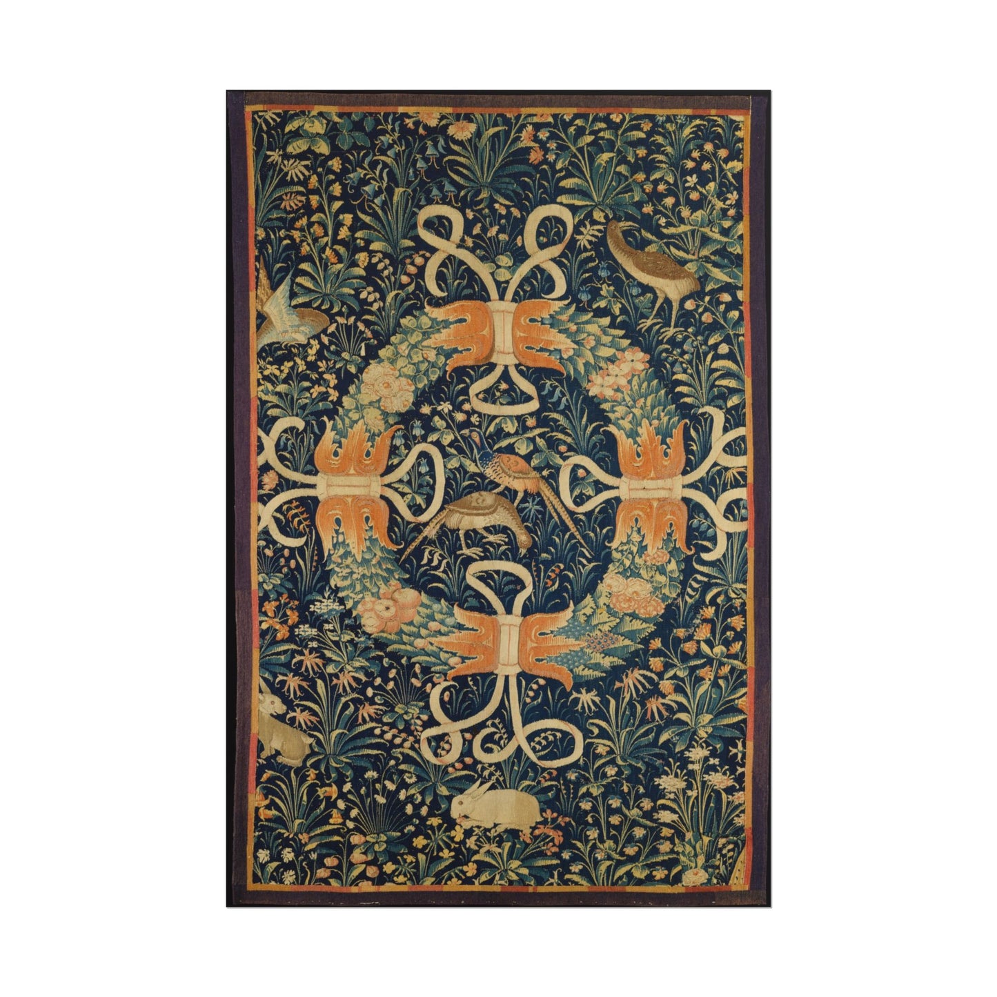 Colorful wreath design with flowers, birds, and rabbits.