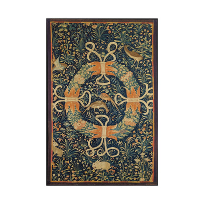 Colorful wreath design with flowers, birds, and rabbits.