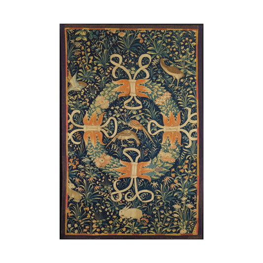 Colorful wreath design with flowers, birds, and rabbits.