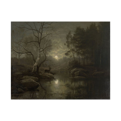 Moonlit forest landscape with a stag by a river at night.