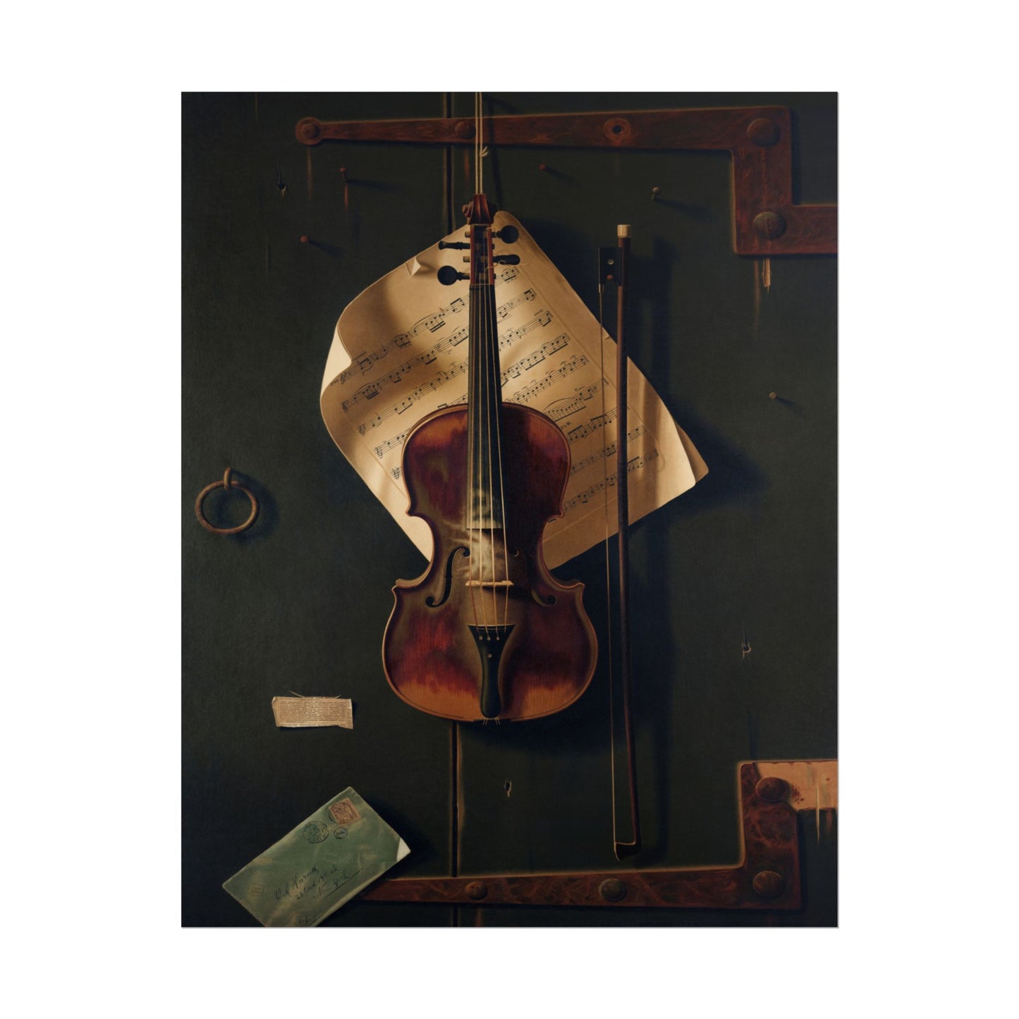 Still life featuring a violin and sheet music on a dark background.