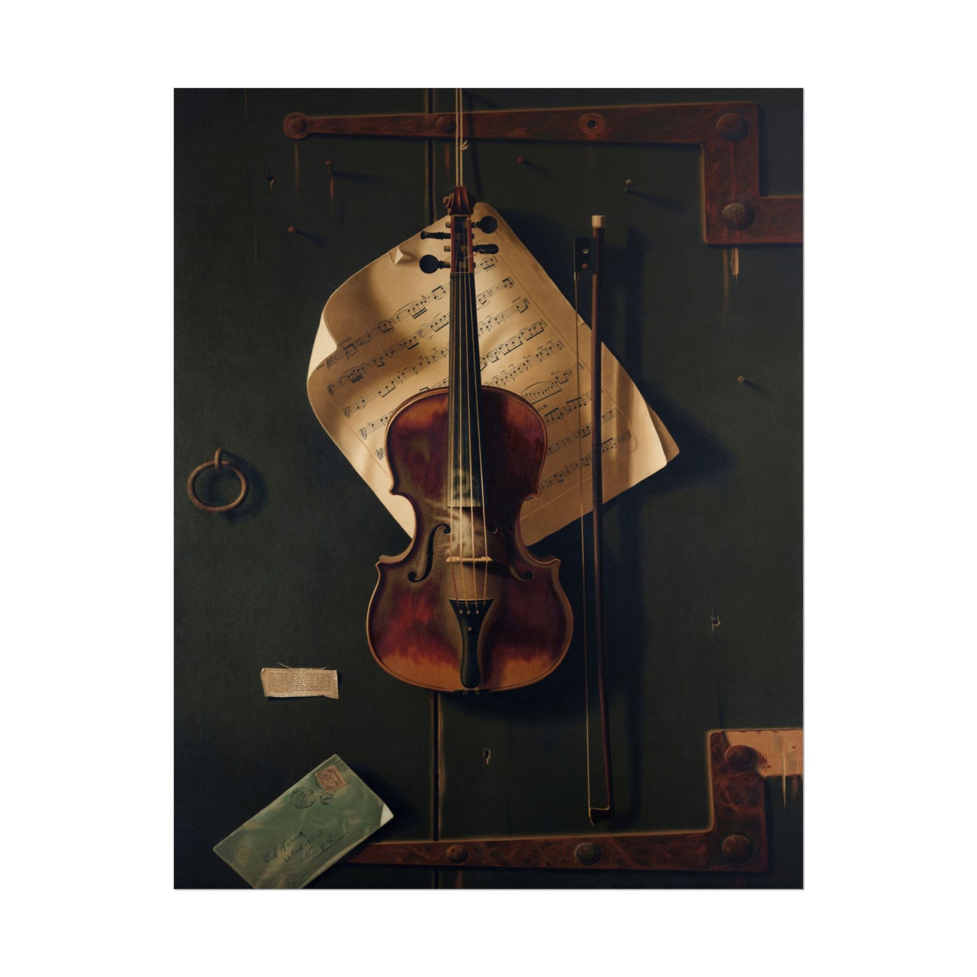 Still life featuring a violin and sheet music on a dark background.