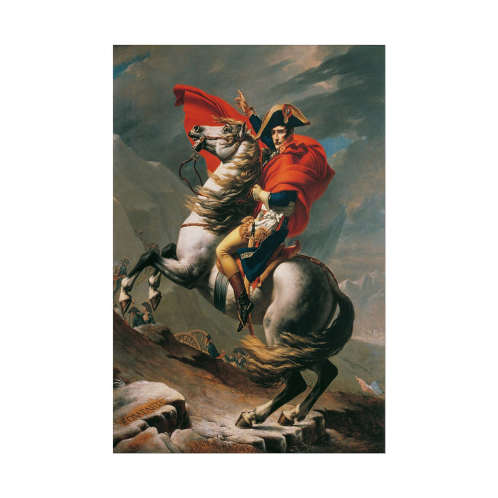 Napoleon crossing the Alps on a rearing horse in a dramatic landscape.