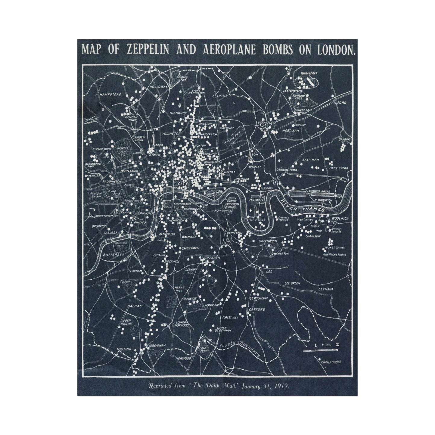 Historical map depicting Zeppelin and aeroplane bomb locations in London.