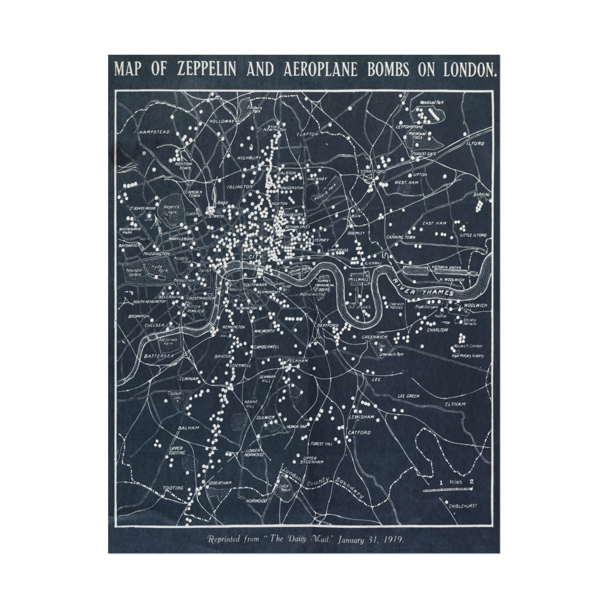 Historical map depicting Zeppelin and aeroplane bomb locations in London.