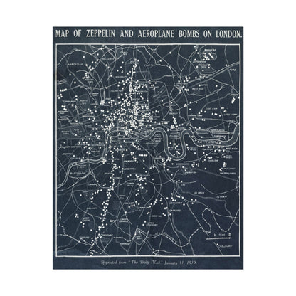 Historical map depicting Zeppelin and aeroplane bomb locations in London.