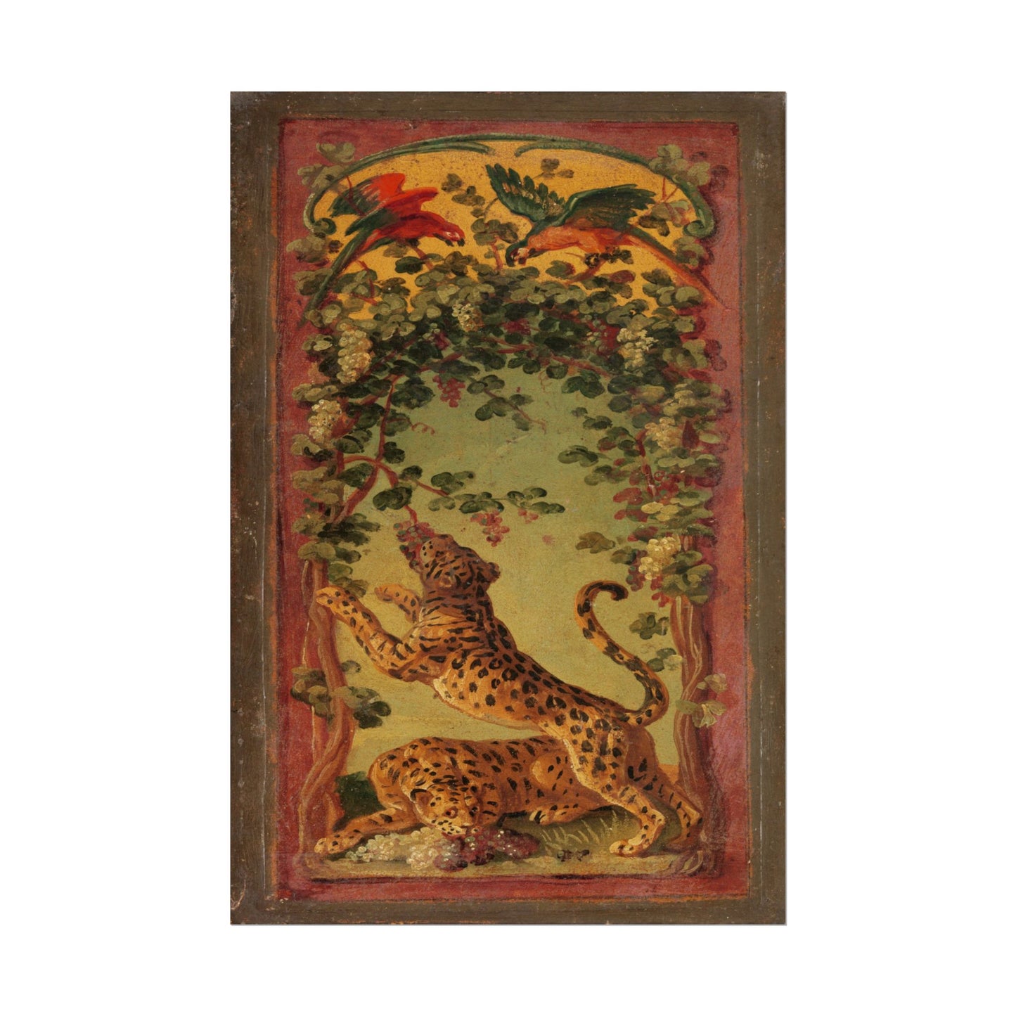 Two panthers reaching for grapes amidst lush vines.